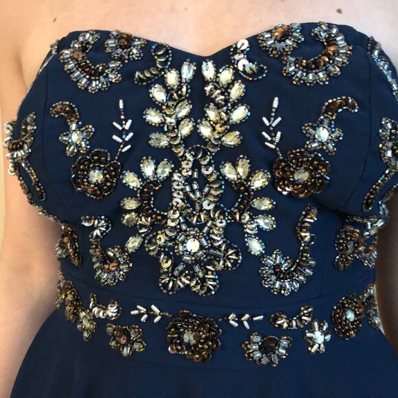 Straples navy blue beaded mini dress for occasion - Picture 3 of 3